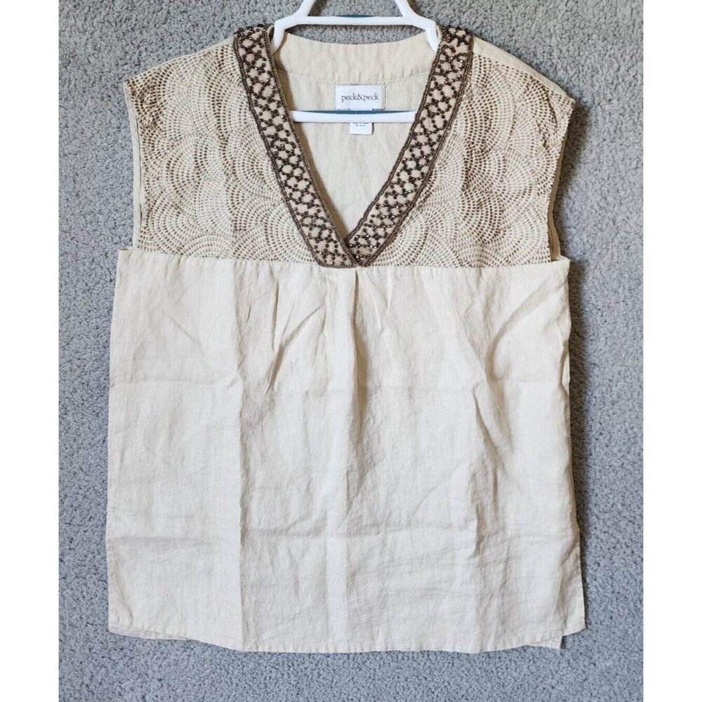 Peck & Peck Women's Sleeveless Beaded V Neck Boxy Top Embroidered Linen Beige M